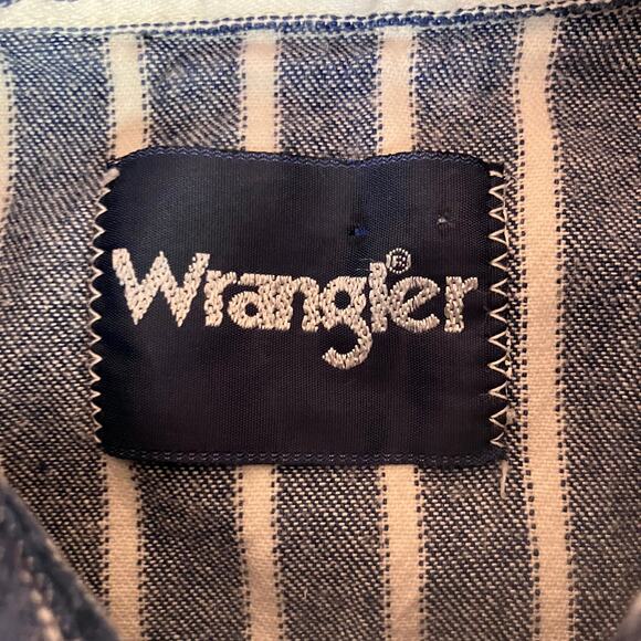 Vintage 1990s Wrangler Brushpopper Pinstripe Denim Pearl Snap Shirt - Picture 4 of 8